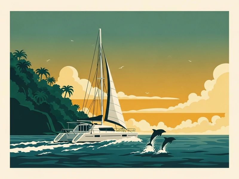 Illustrated travel poster of a catamaran sailing along a jungle coastline with dolphins leaping in the bow wave, Costa Rica