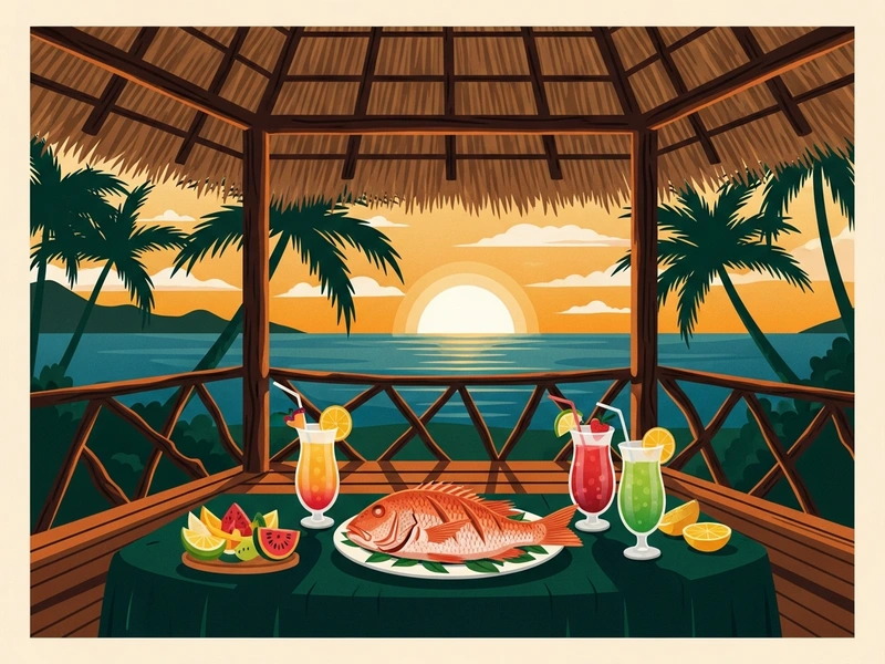 Illustrated travel poster of an open-air restaurant table with whole grilled snapper under a thatched roof at sunset, Costa Rica
