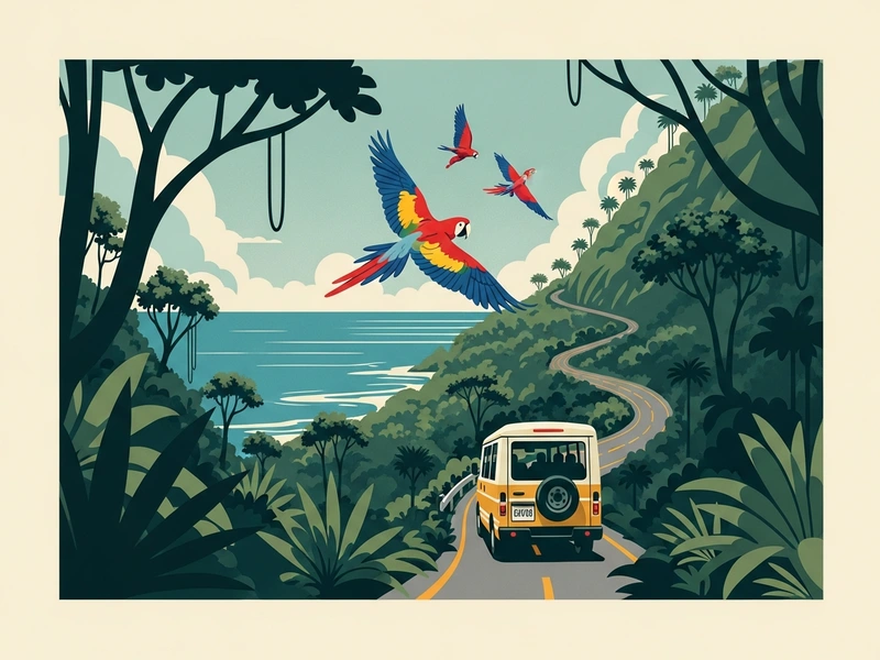 Illustrated travel poster of a shuttle van on a winding coastal jungle road with scarlet macaws flying overhead, Costa Rica