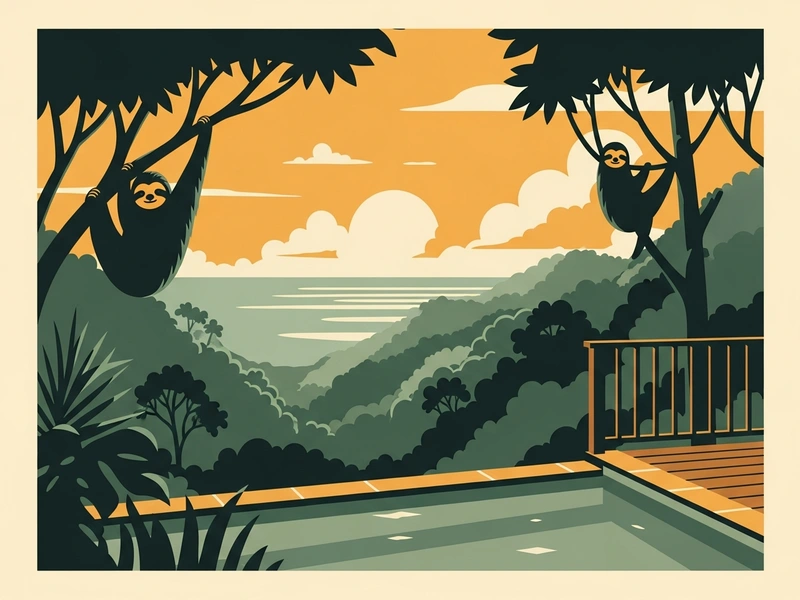 Illustrated travel poster of a jungle hillside hotel pool at sunset with sloths hanging in the trees, Costa Rica