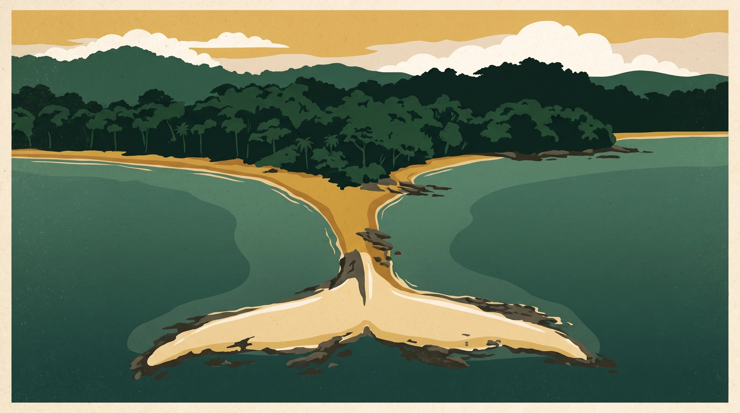 Illustrated travel poster of the Whale's Tail sand tombolo at Playa Uvita, Marino Ballena National Park, its sandbar flaring into a whale-fluke shape between two turquoise bays.