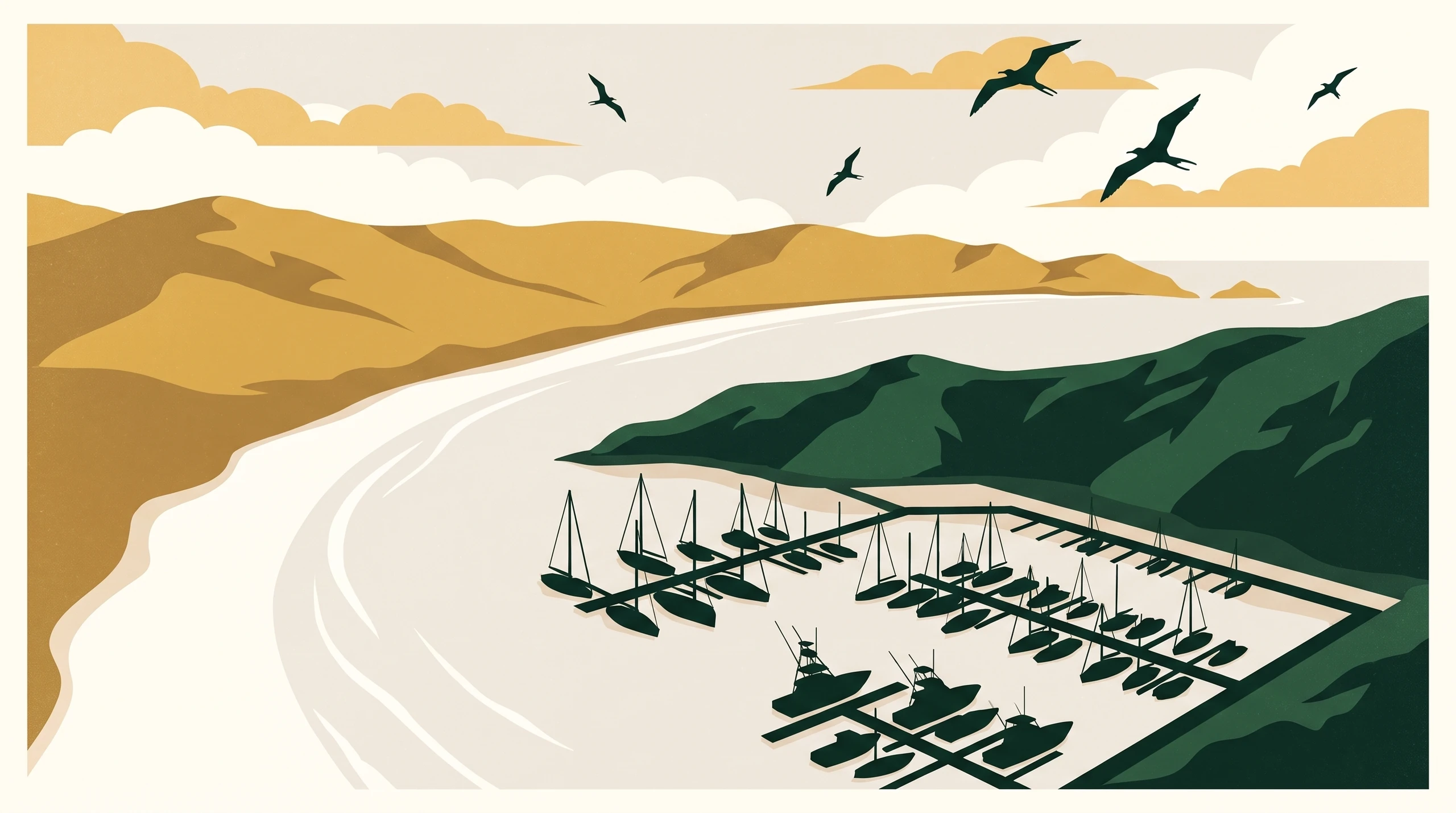 Illustrated travel poster of Playa Flamingo, an elevated view over the marina and a long crescent of pale sand backed by the gold hills of Guanacaste.