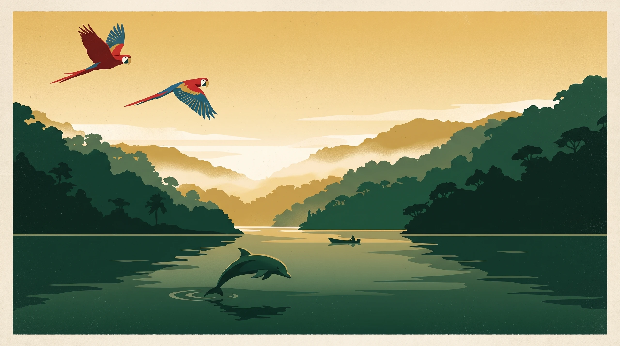 Illustrated travel poster of Golfo Dulce at dawn, a dolphin arcing from the calm gulf and two scarlet macaws in flight above rainforest ridges that drop to the water.