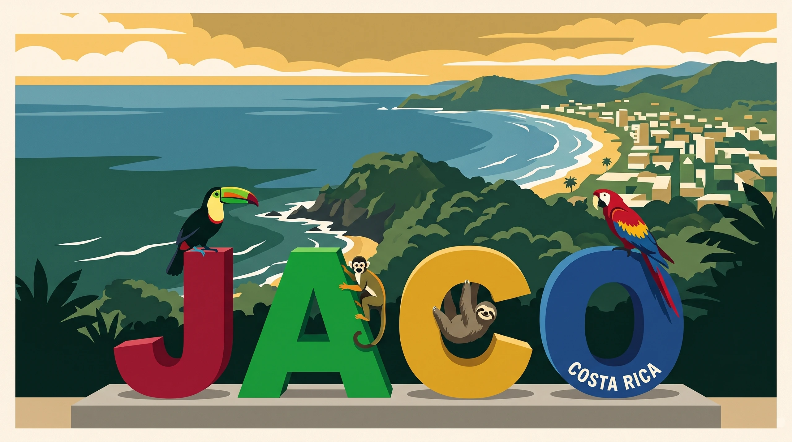Illustrated travel poster of the colorful JACO sign on the headland above the Pacific, with a toucan, a monkey, a sloth, and a scarlet macaw on the letters.