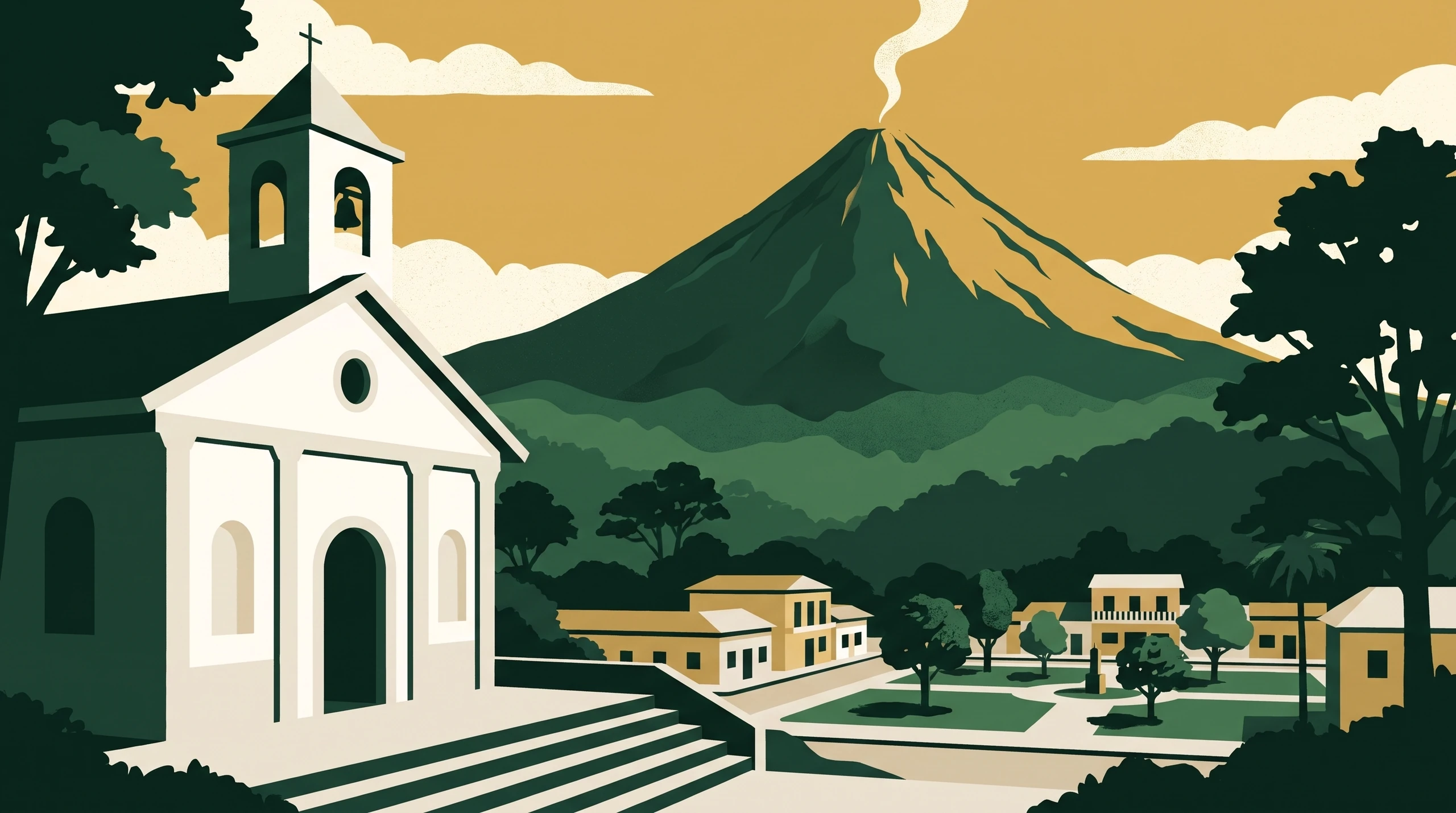 Illustrated travel poster of the Arenal Volcano rising behind a white town church in La Fortuna at golden hour, a thin wisp of steam at the summit.