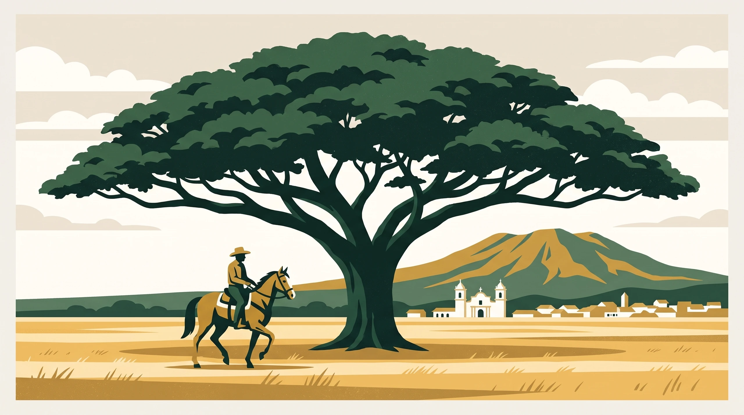 Illustrated travel poster of Liberia, a wide-canopy Guanacaste tree over a golden plain with a sabanero on horseback, a white colonial church, and the Rincon de la Vieja volcano behind.