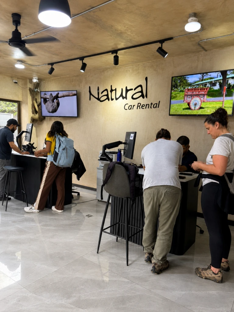 Customers at the rental counter under the Natural Car Rental sign