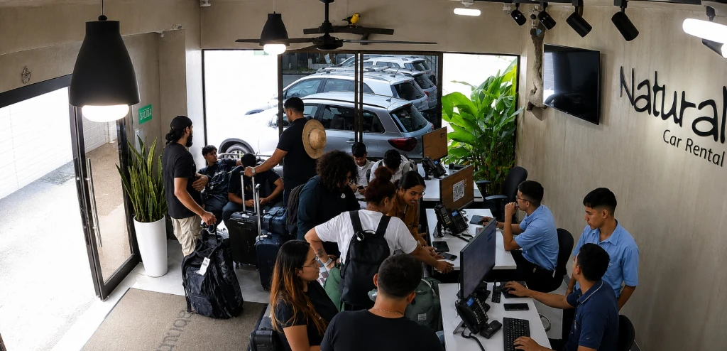 Wide view of the office with travelers checking in at the counters