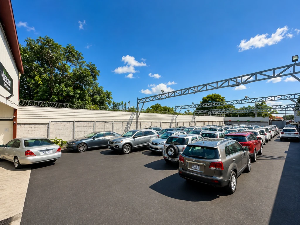 The parking lot with the rental fleet lined up under a blue sky
