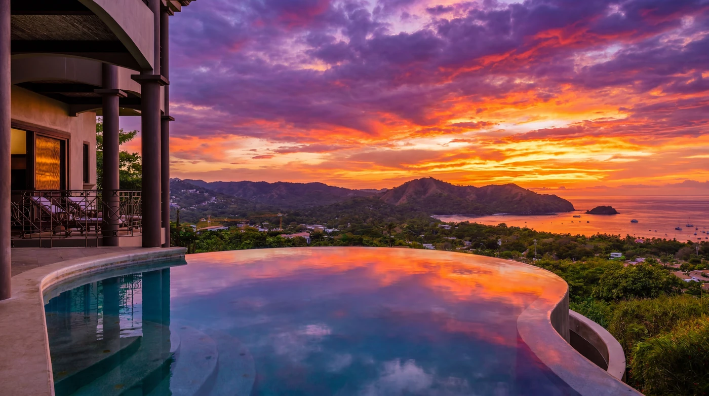 The infinity pool at sunset, the bay and hills beyond