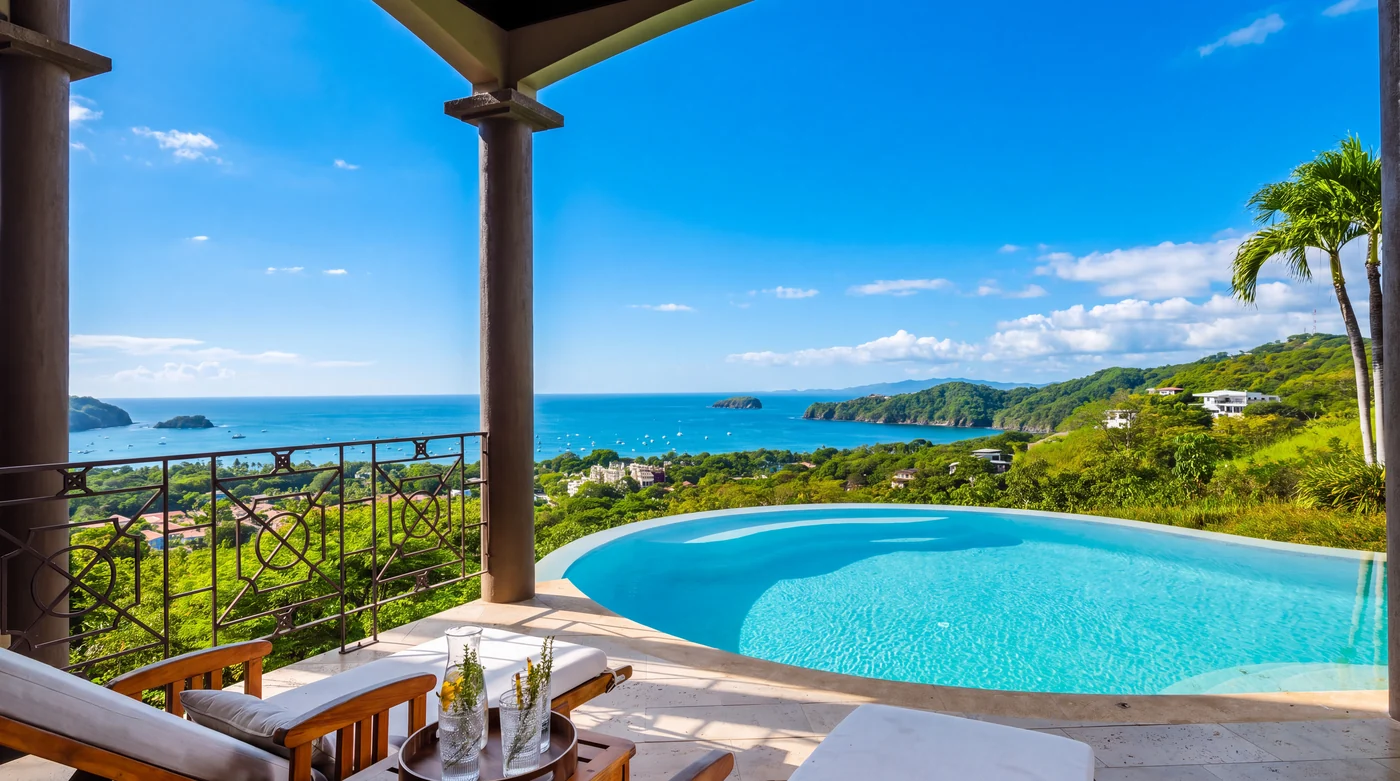 Guest lanai with dining table, the pool and ocean beyond