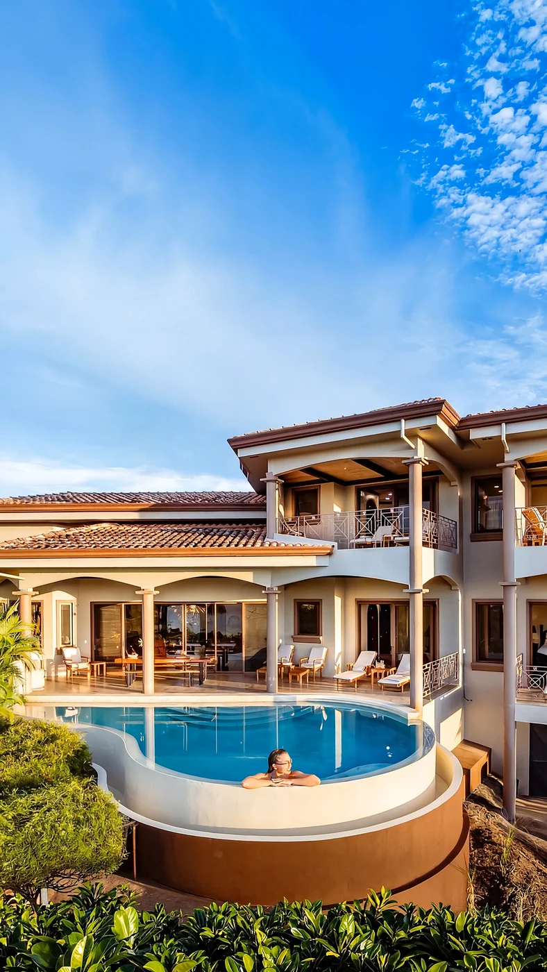A guest in the infinity pool with the villa and its balconies behind