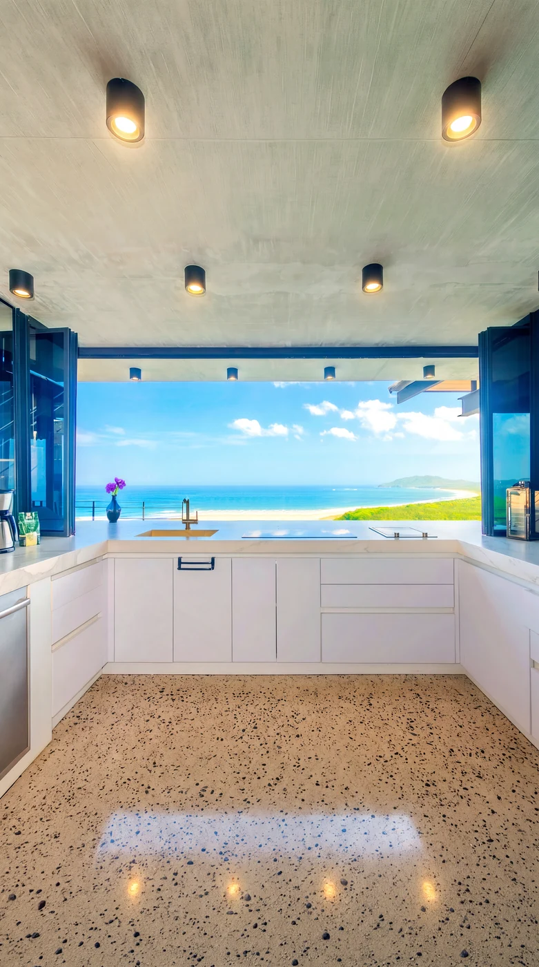 Kitchen with a long window framing the beach and headland