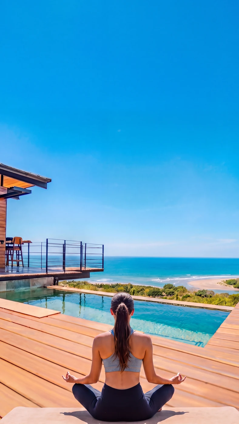 Yoga on the pool deck facing the water