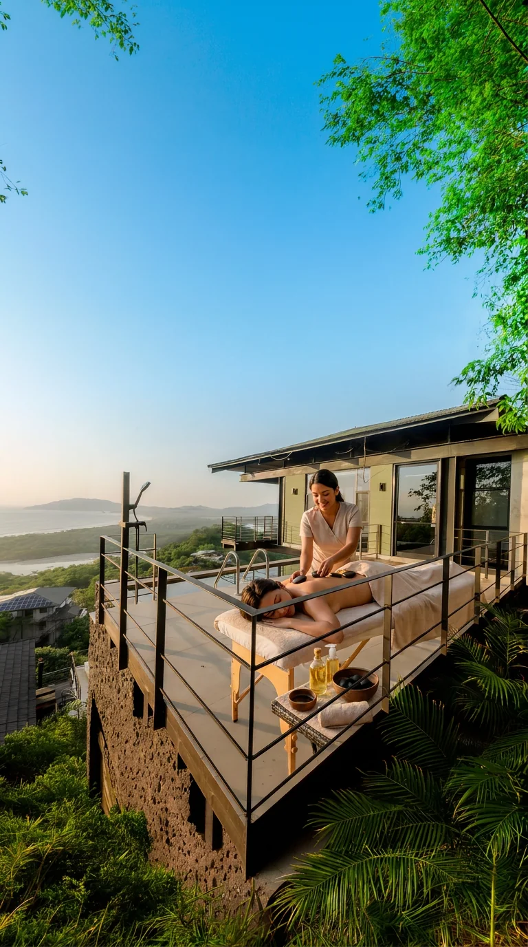 An outdoor massage on the deck, looking over the treetops toward the water