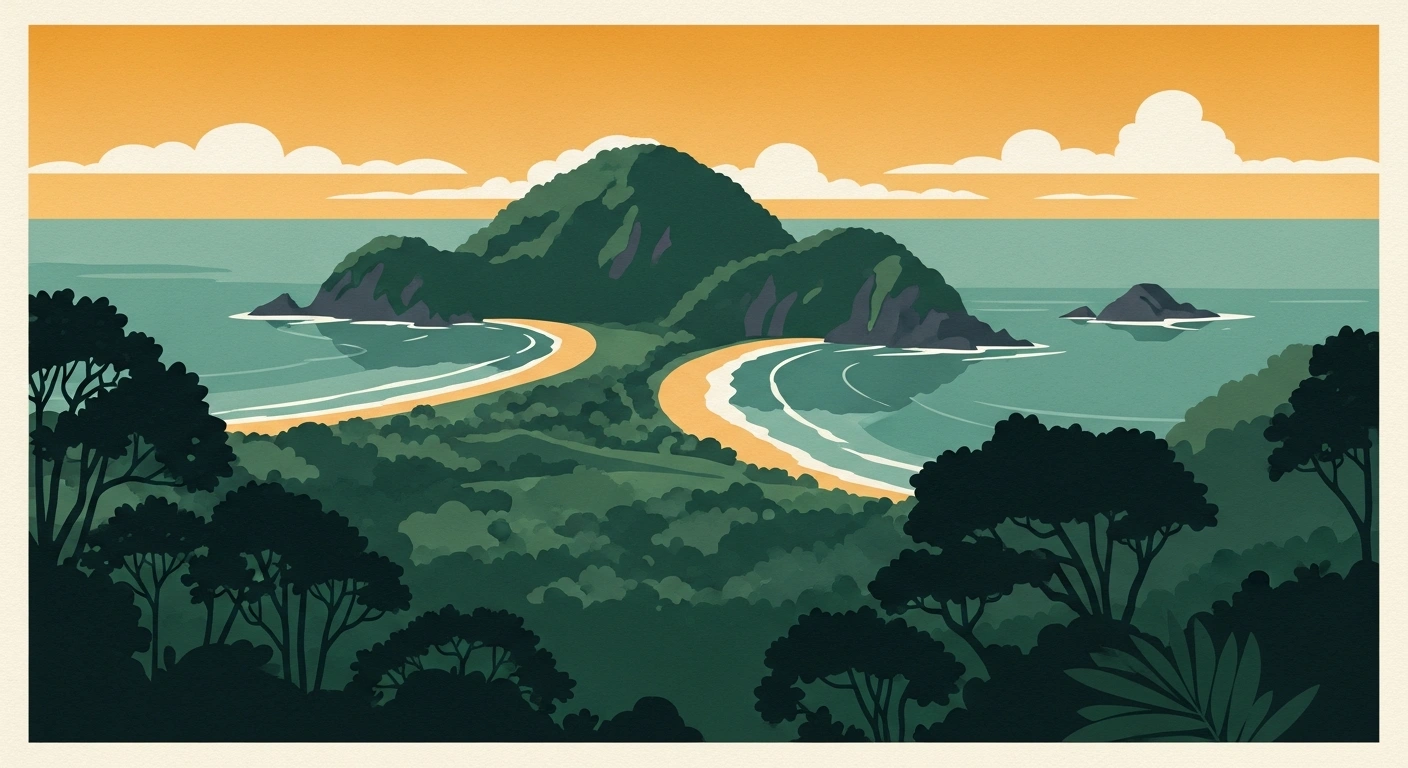 Illustrated travel poster of the Manuel Antonio coastline with the Punta Catedral peninsula and its twin crescent beaches at sunset