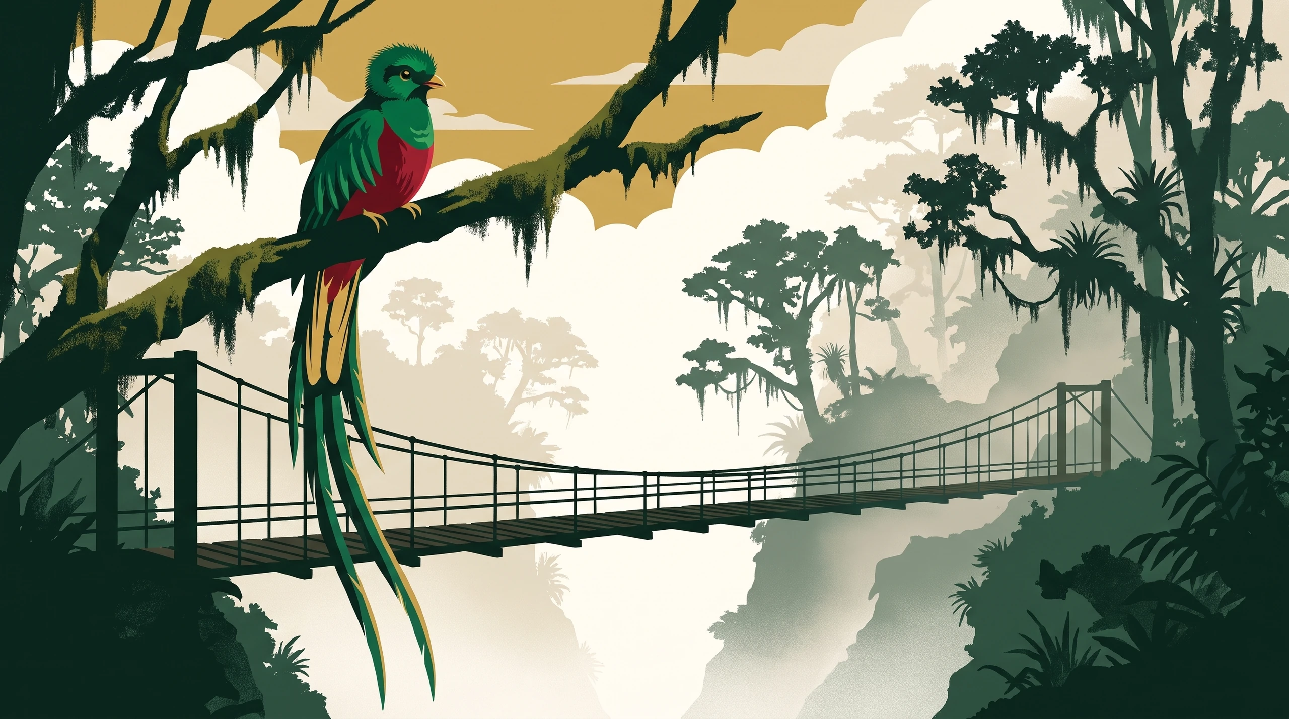 Illustrated travel poster of the Monteverde cloud forest, a resplendent quetzal on a mossy branch above a suspension bridge crossing a misty canyon.