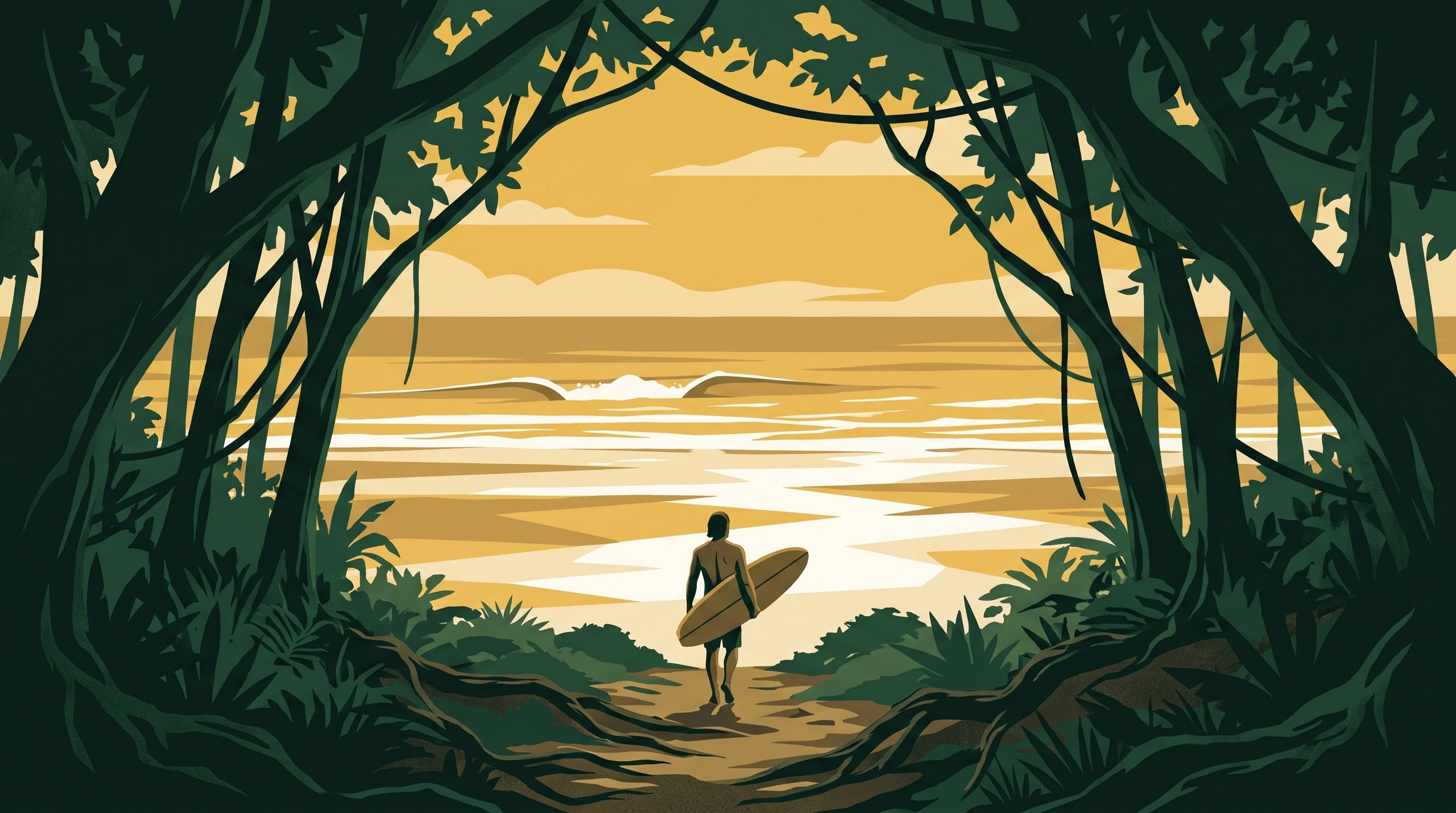 Illustrated travel poster of Nosara, a shaded jungle path opening onto the wide low-tide sand of Playa Guiones with a lone longboard surfer.