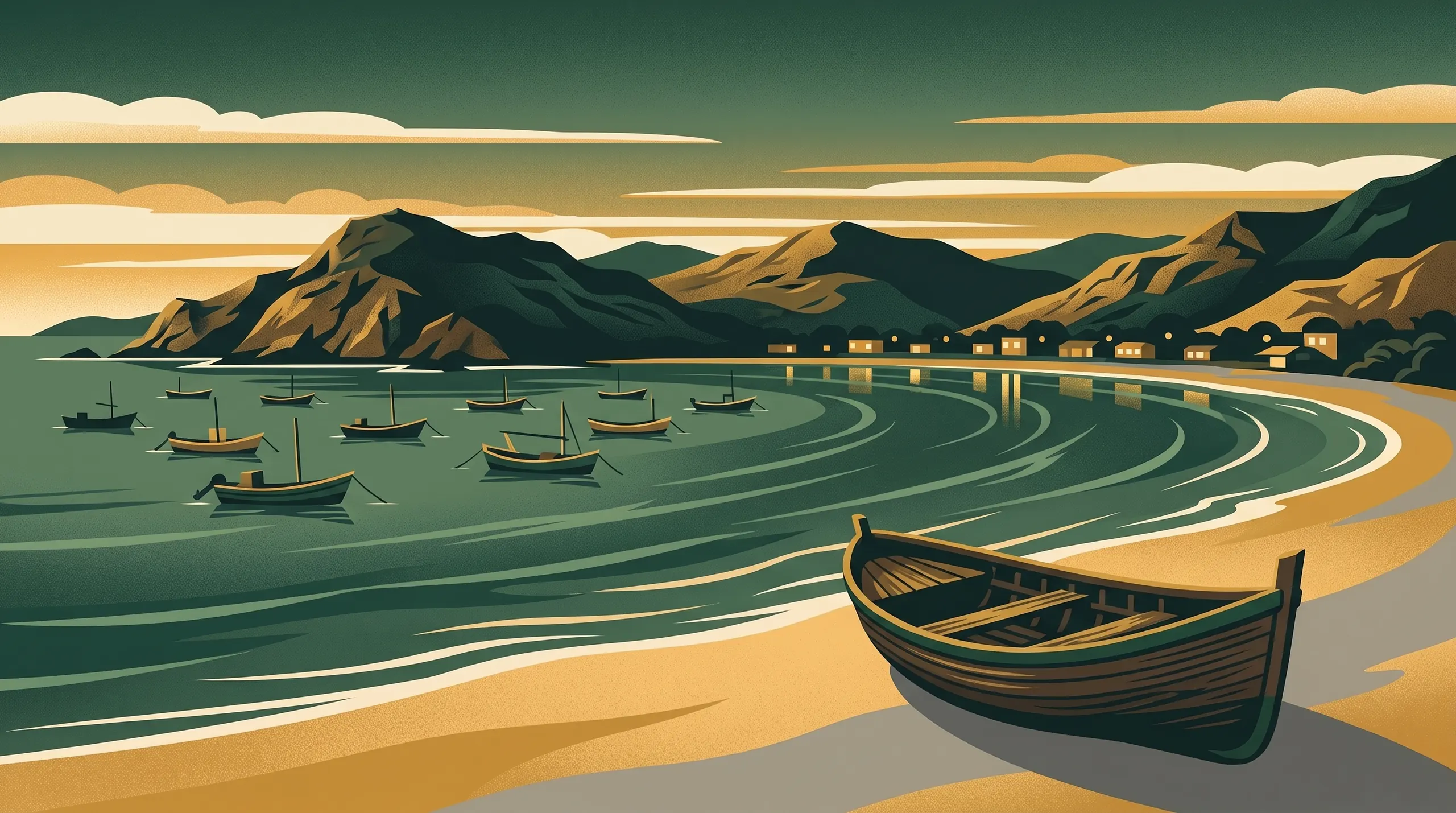 Illustrated travel poster of Playas del Coco at dusk, fishing pangas anchored in the sheltered bay with a beached boat and the dry Papagayo hills.
