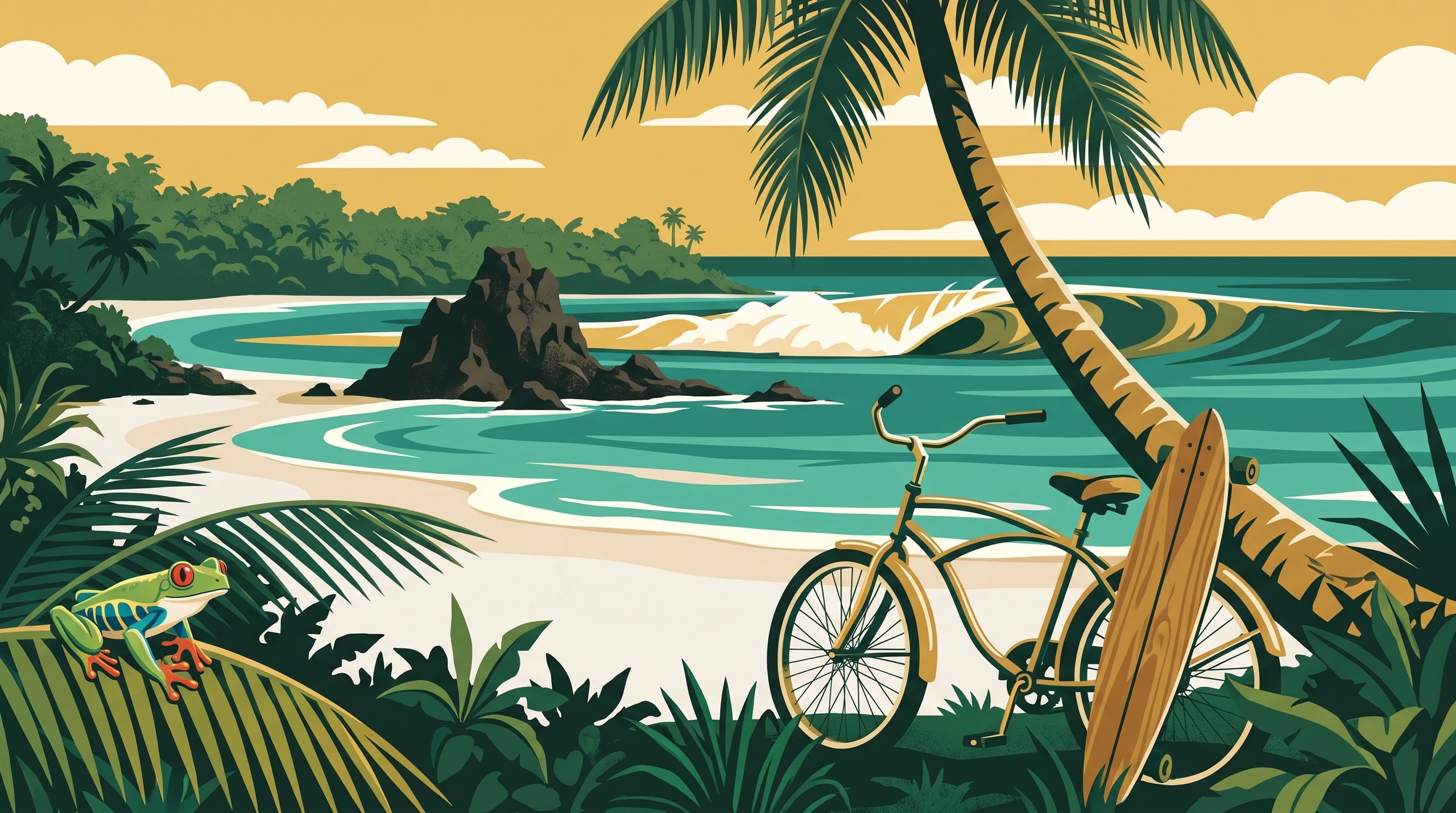 Illustrated travel poster of Puerto Viejo on the Caribbean coast, a beach cruiser and surfboard against a coconut palm above black rock and a breaking reef wave, with a red-eyed tree frog on a leaf.
