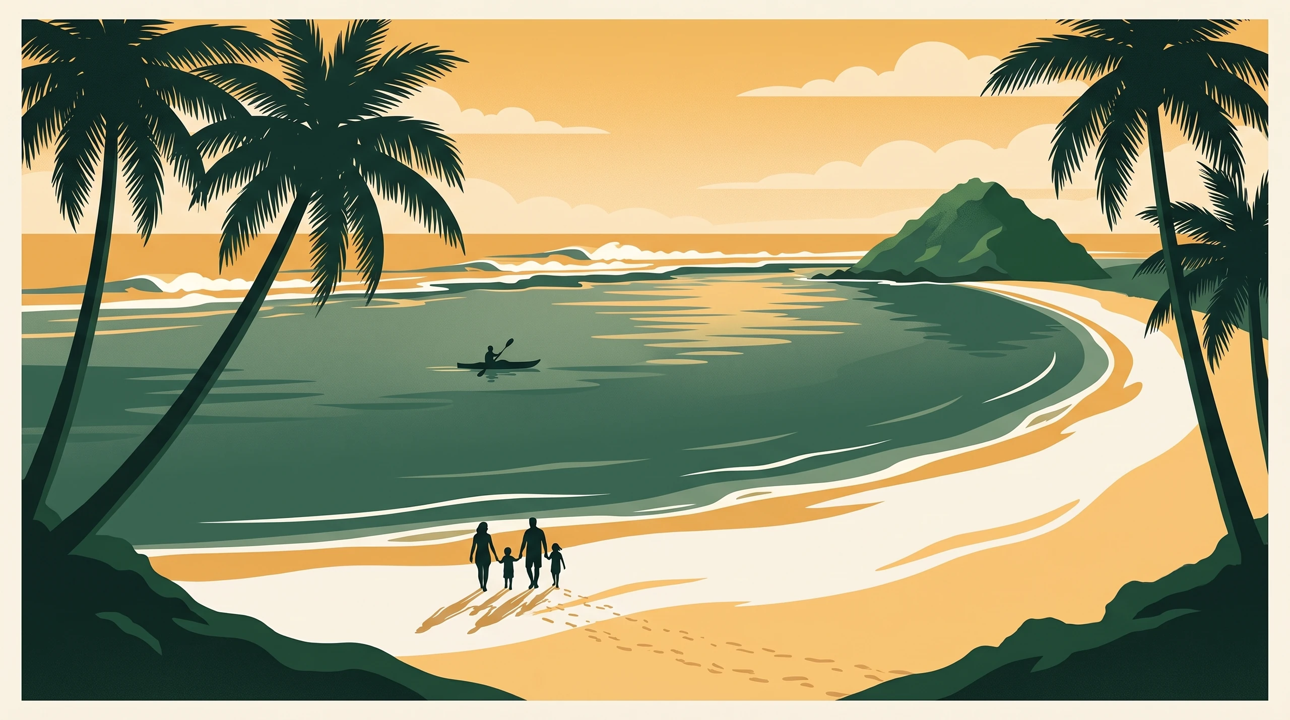 Illustrated travel poster of Samara, a reef-sheltered crescent bay with a sea kayaker inside the calm water and the small green Isla Chora off the bay mouth.