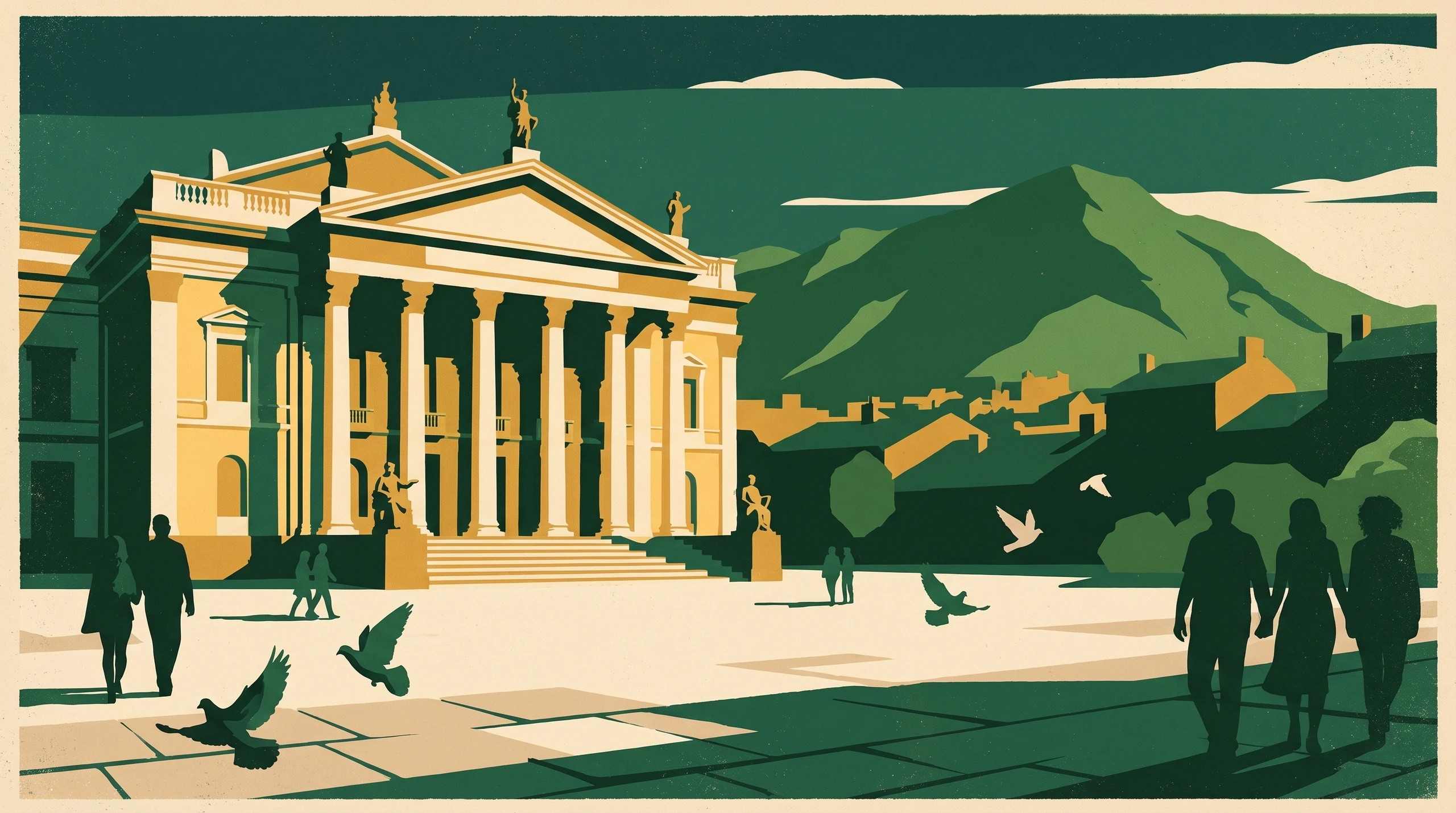 Illustrated travel poster of San Jose, the neoclassical facade of the Teatro Nacional in cream and gold with figures crossing the plaza and green mountains behind.