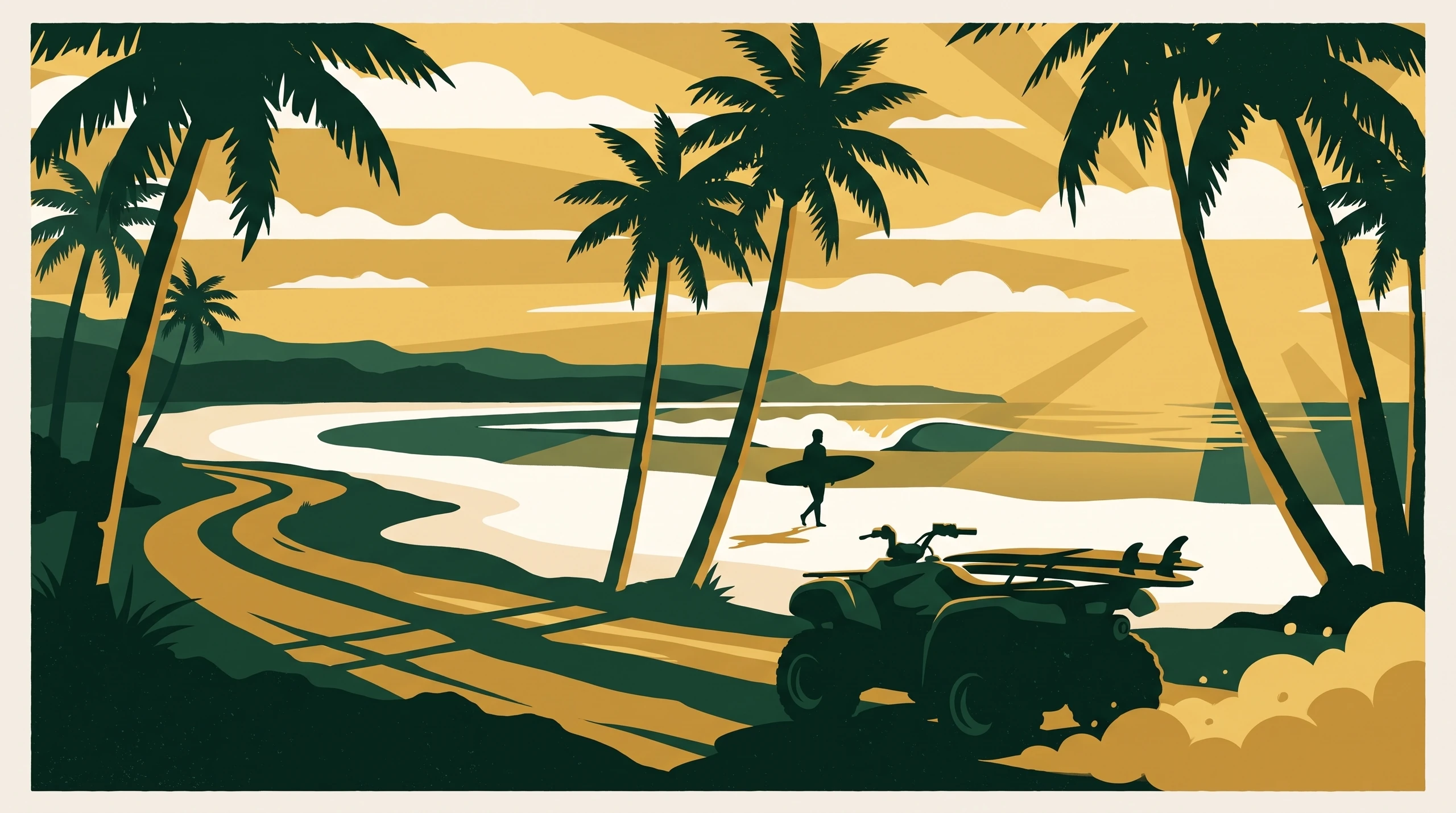Illustrated travel poster of Santa Teresa at golden hour, an ATV racked with surfboards on the dirt coast road and a lone surfer walking toward the break.