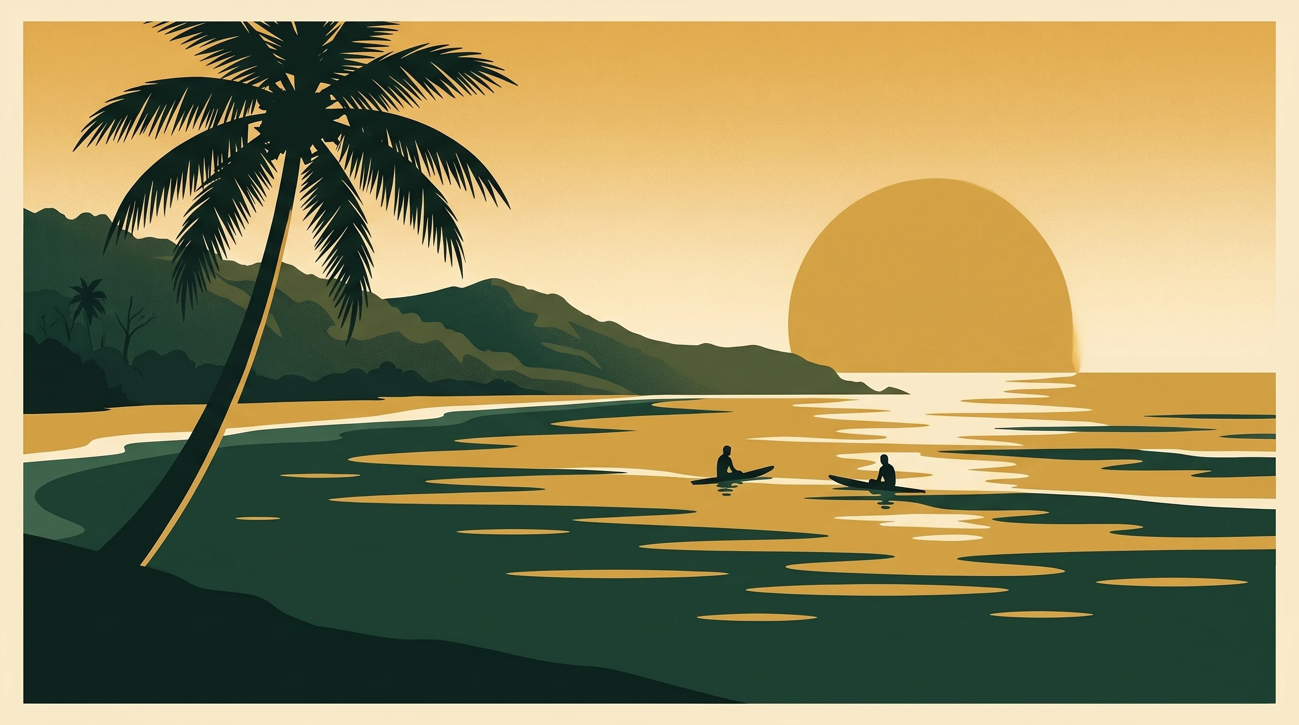 Illustrated travel poster of Tamarindo at sunset, two longboard surfers waiting in the gold-lit water off the river mouth beneath a leaning coconut palm.